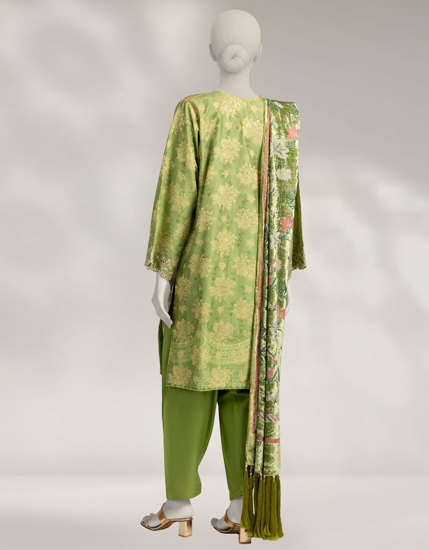 GREEN JACQUARD EMBROIDERED 3PC STITCHED