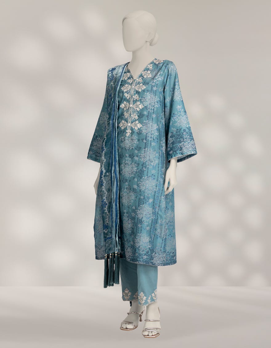 BLUE JACQUARD EMBROIDERED 3PC STITCHED