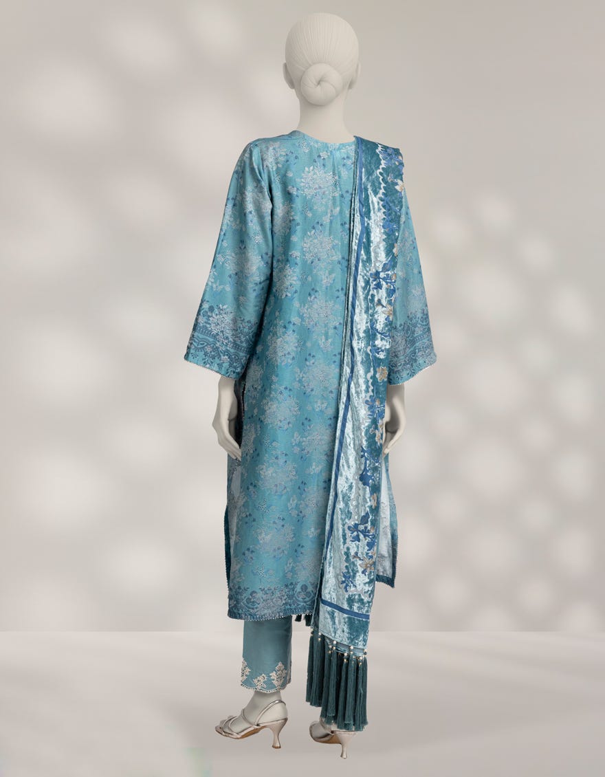 BLUE JACQUARD EMBROIDERED 3PC STITCHED