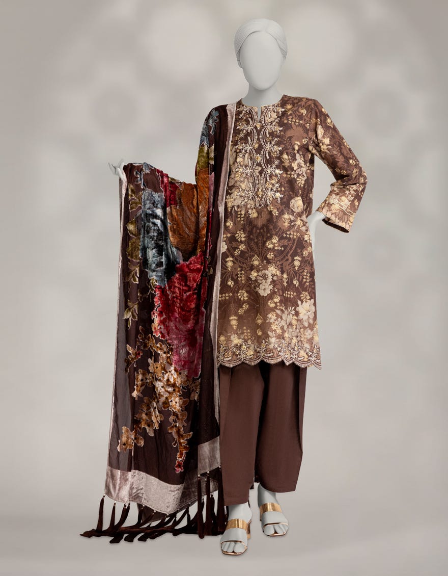 BROWN JACQUARD EMBROIDERED 3PC STITCHED