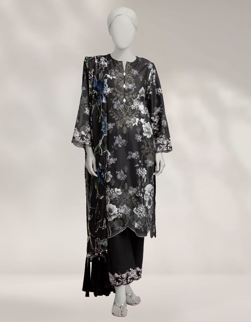 BLACK JACQUARD EMBROIDERED 3PC STITCHED