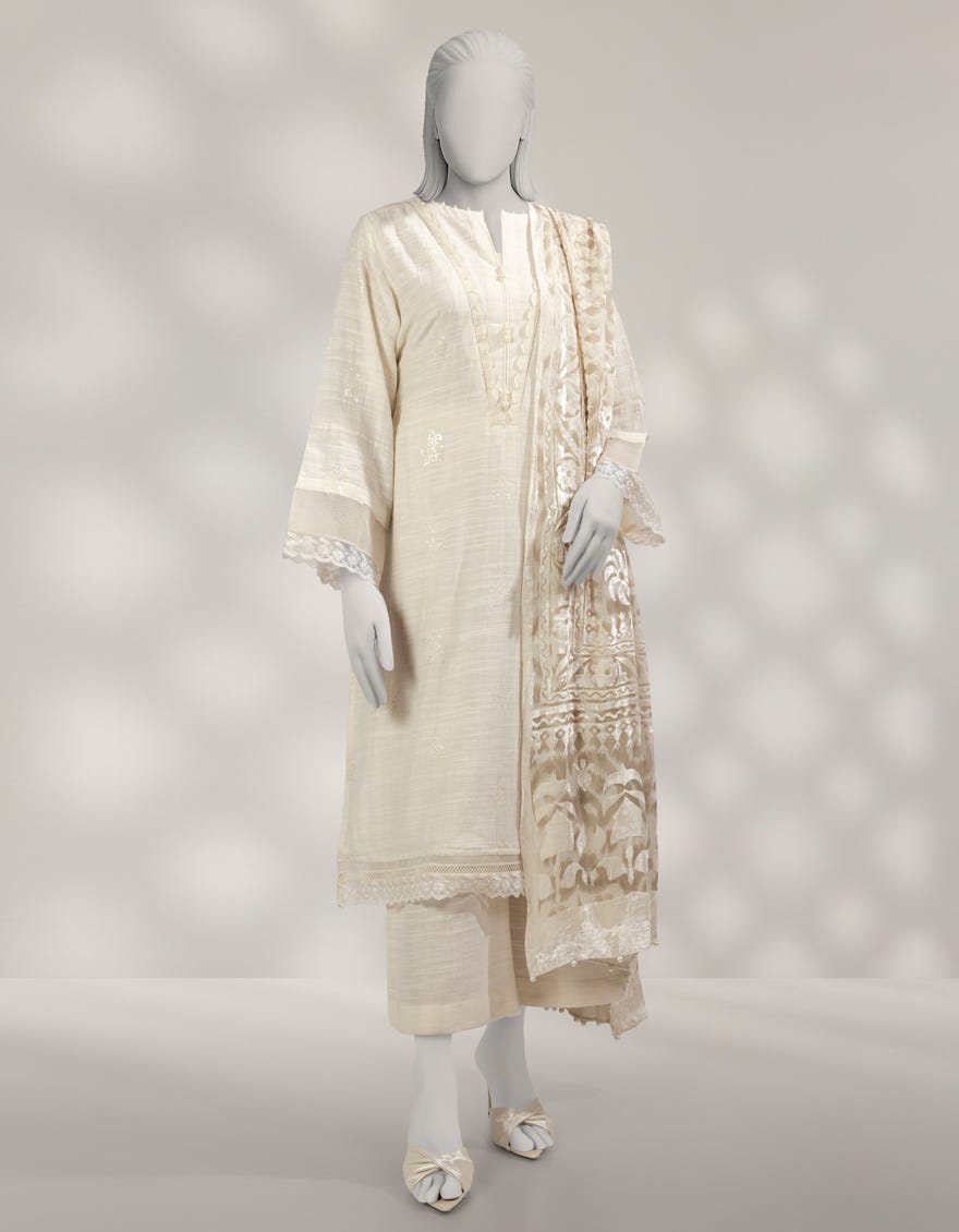 OFF WHITE KHADDAR EMBROIDERED UNSTITCHED 3PC