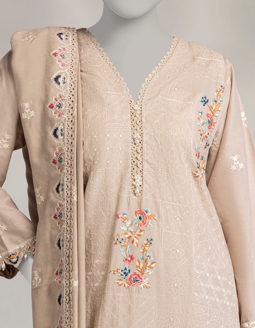 BEIGE CAMBRIC EMBROIDERED UNSTITCHED 3PC