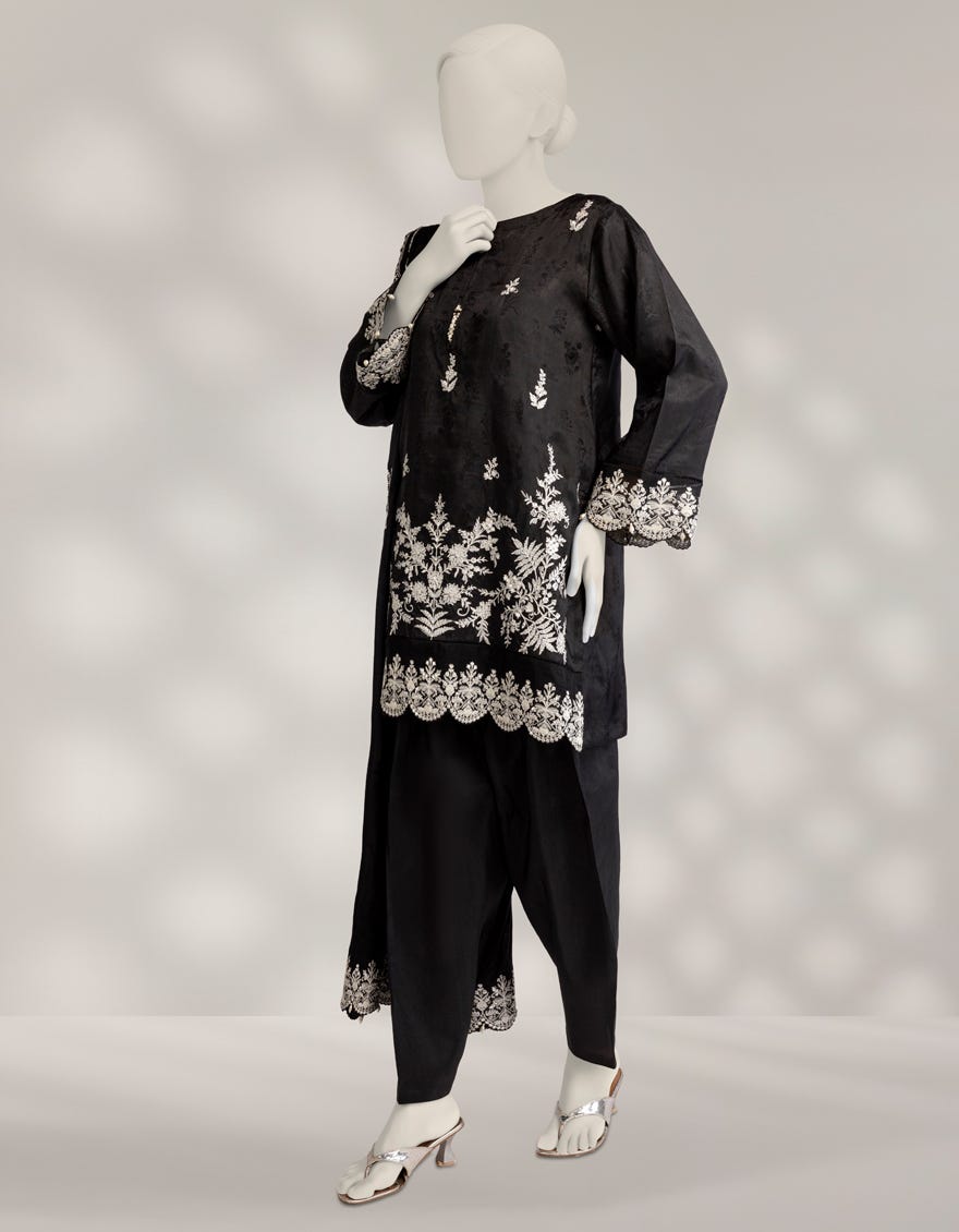BLACK RAW SILK EMBROIDERED 3PC STITCHED