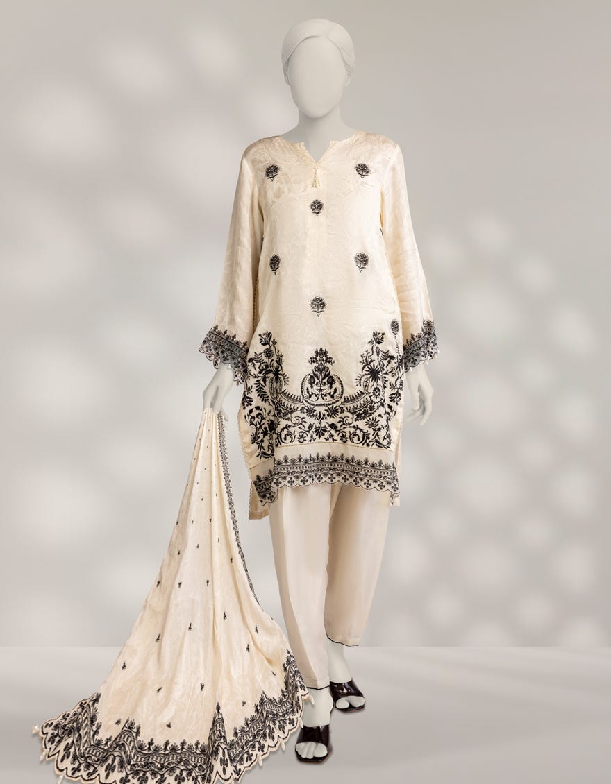 OFF WHITE RAW SILK EMBROIDERED 3PC STITCHED