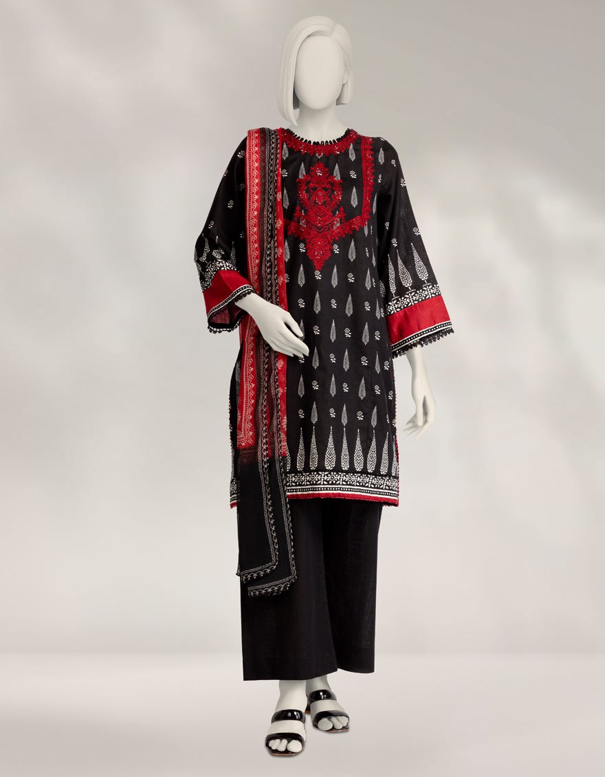 BLACK KHADDAR EMBROIDERED 3PC STITCHED