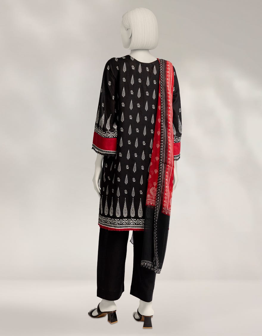 BLACK KHADDAR EMBROIDERED 3PC STITCHED