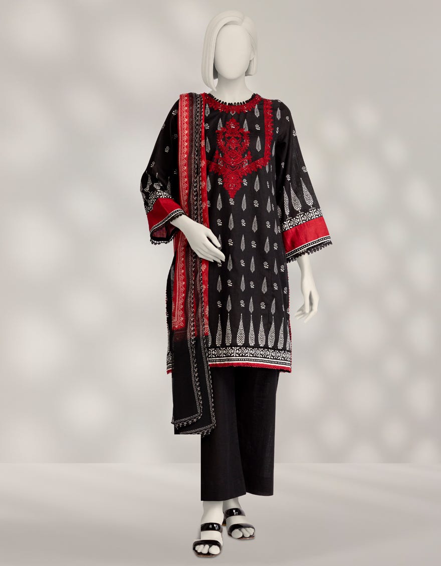 BLACK CAMBRIC EMBROIDERED 3PC STITCHED