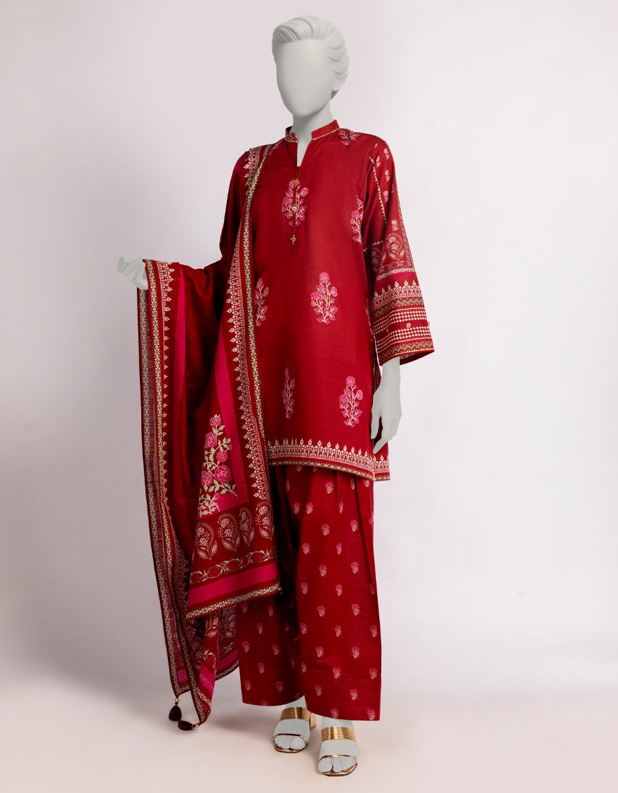Kadder Color RED KHADDAR PRINTED 3PC STITCHED – J.