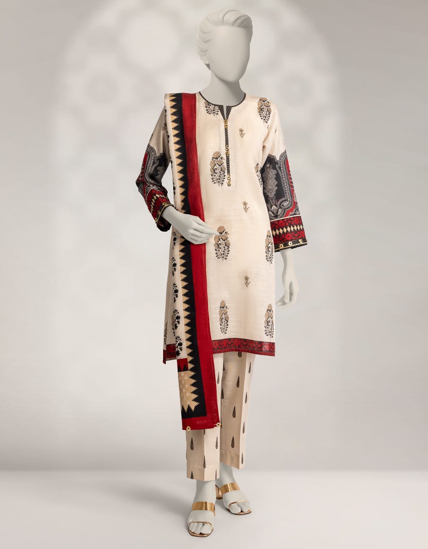 GREY KHADDAR PRINTED 3PC STITCHED