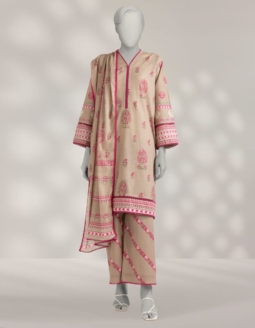 BROWN KHADDAR PRINTED 3PC STITCHED