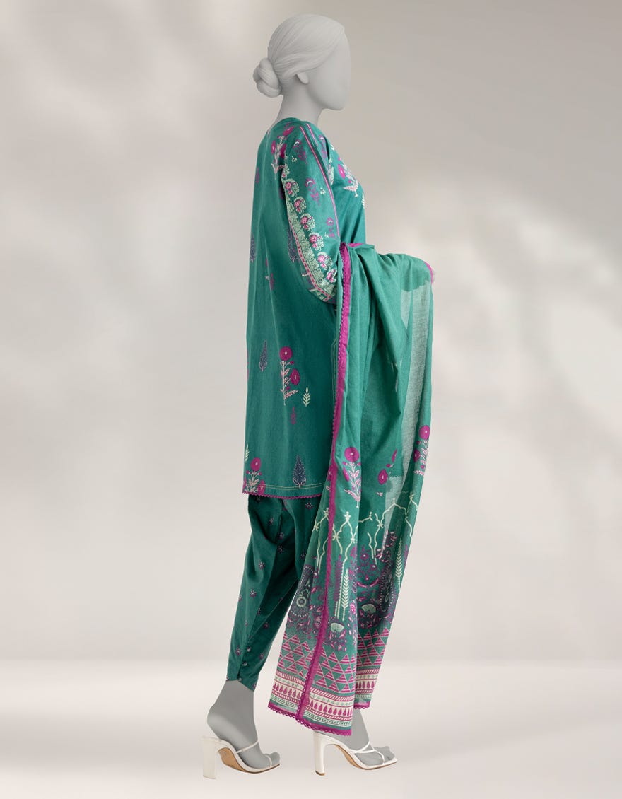 GREEN KHADDAR PRINTED 3PC STITCHED