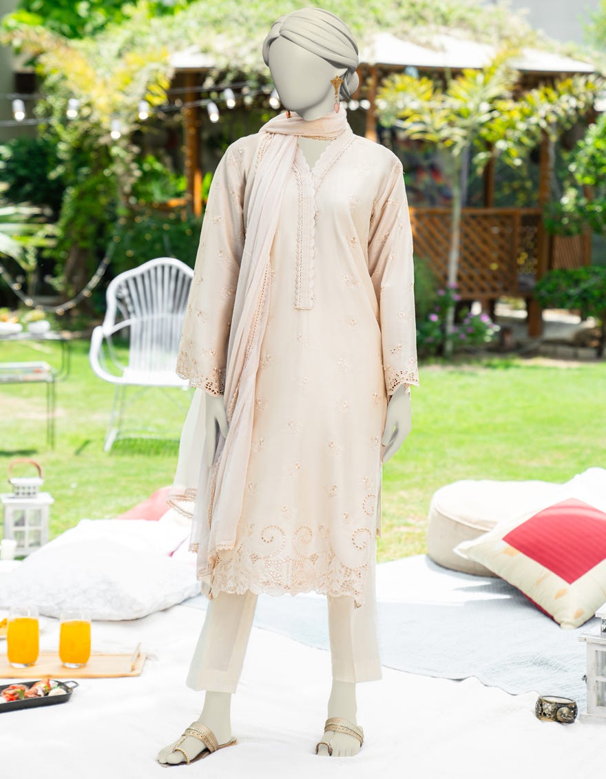 BEIGE DYED SCHIFFLI 2PC STITCHED
