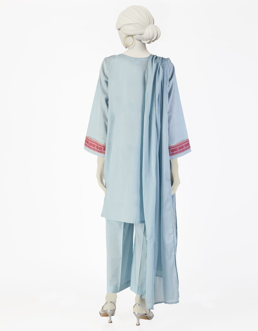 BLUE DOBBY EMBROIDERED 3PC STITCHED