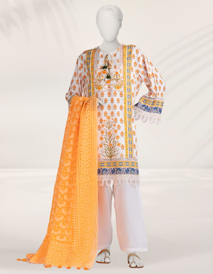 ORANGE PRINTED DOBBY UNSTITCHED 2PC
