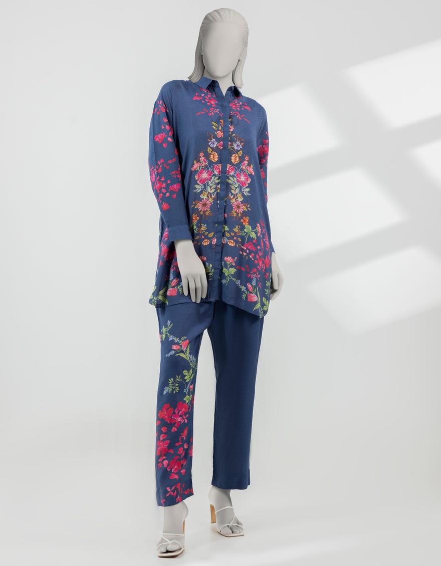 BLUE SILK DIGITAL PRINTED CO-ORD SET