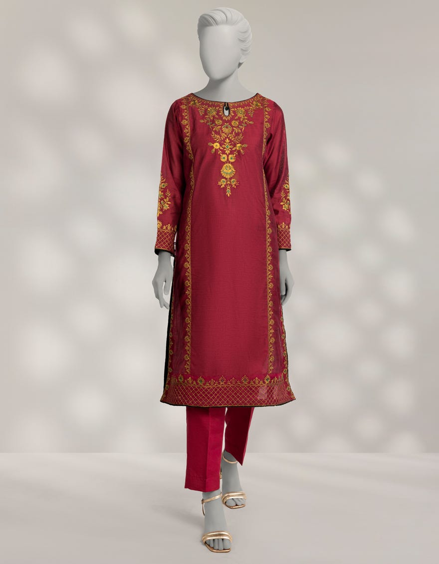 RED COTTON EMBROIDERED KURTA