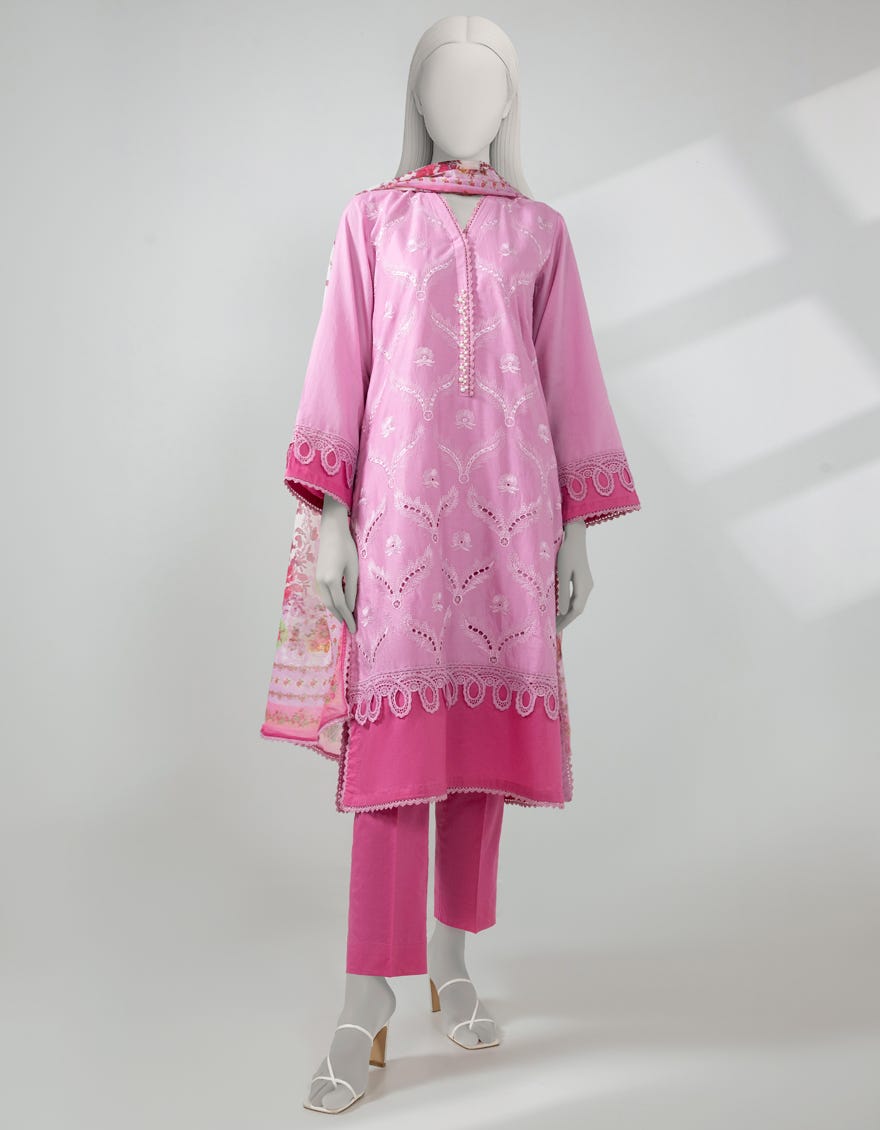 PINK LAWN SCHIFFLI 3PC STITCHED