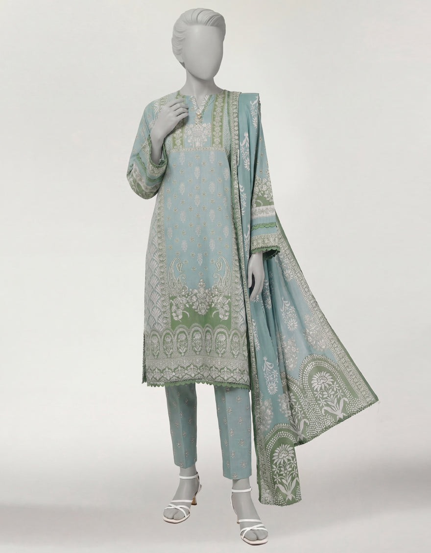 GREEN PRINTED LAWN 3PC STITCHED