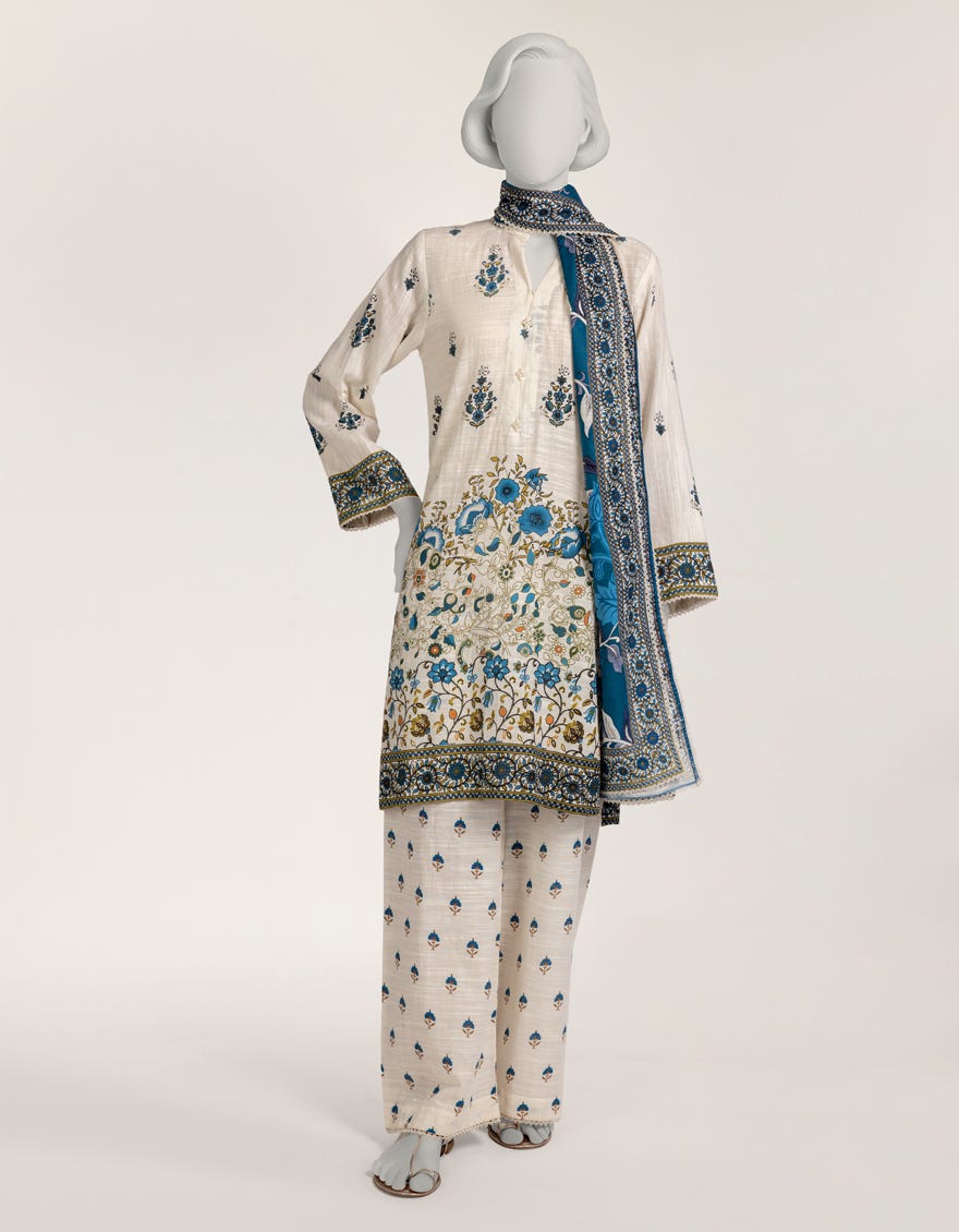 OFF WHITE KHADDAR PRINTED 3PC STITCHED