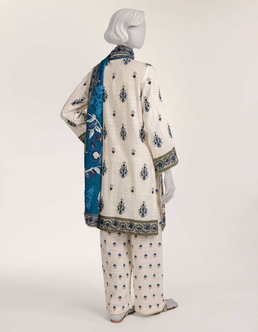 OFF WHITE KHADDAR PRINTED 3PC STITCHED