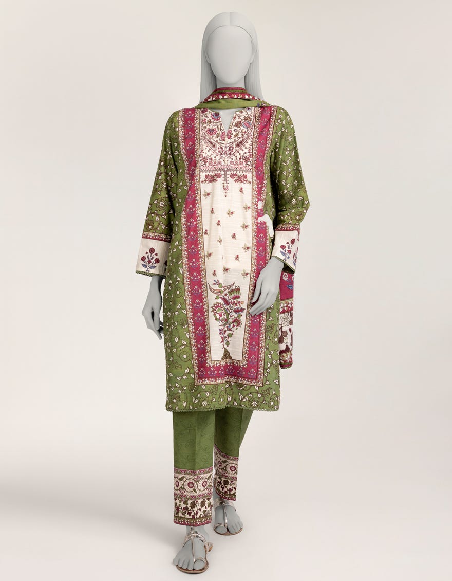 GREEN KHADDAR PRINTED 3PC STITCHED