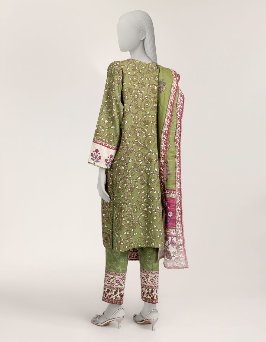 GREEN KHADDAR PRINTED 3PC STITCHED