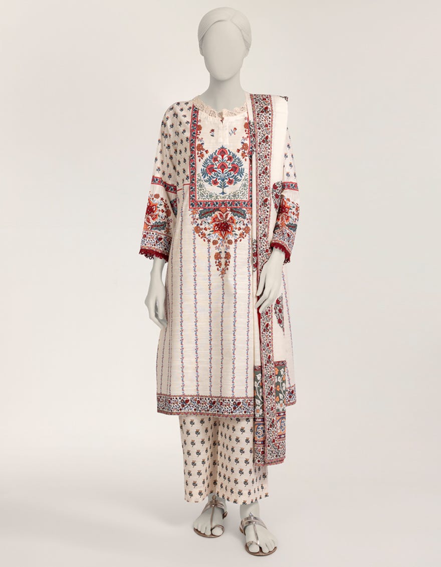 OFF WHITE KHADDAR PRINTED 3PC STITCHED