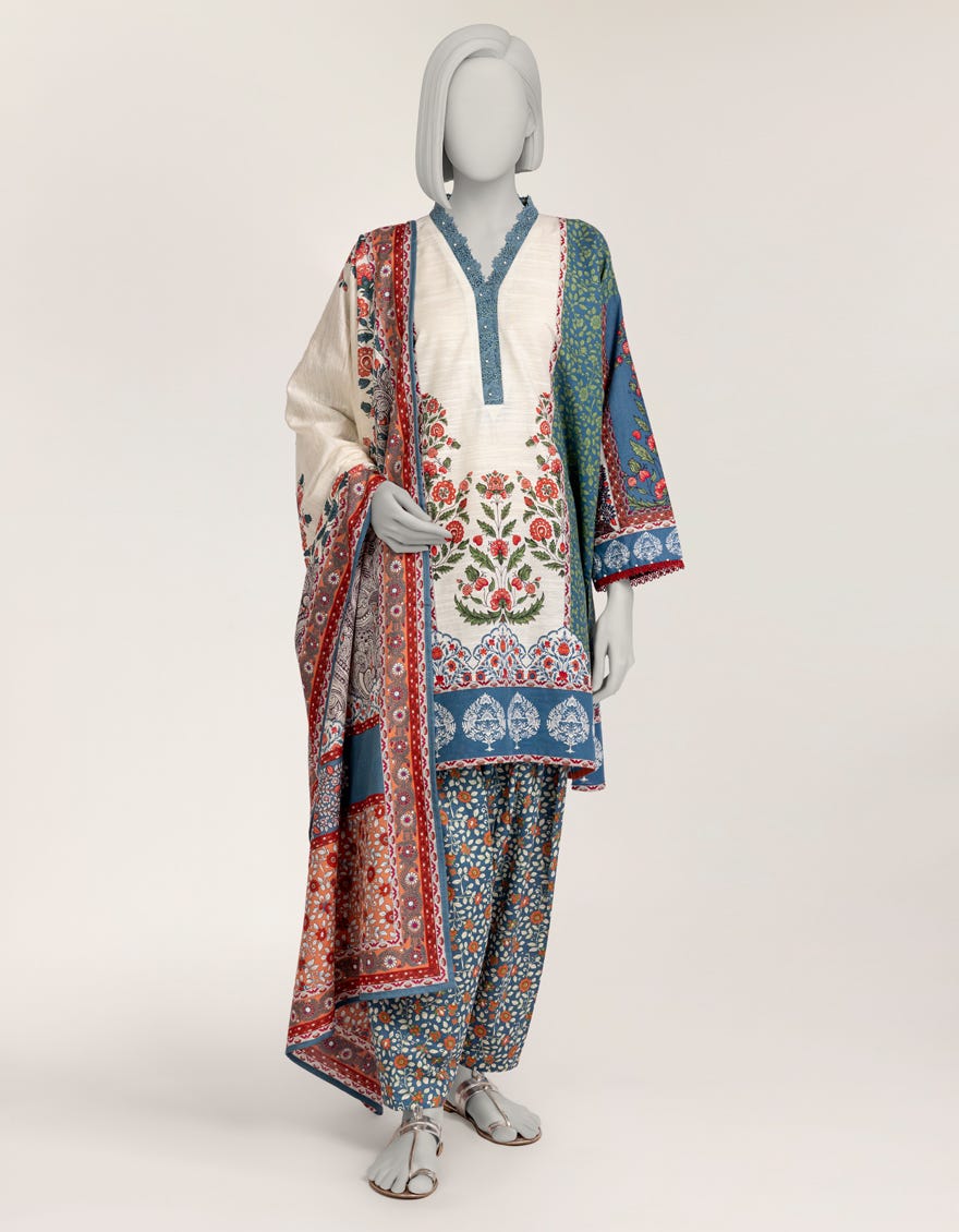 BLUE KHADDAR PRINTED 3PC STITCHED
