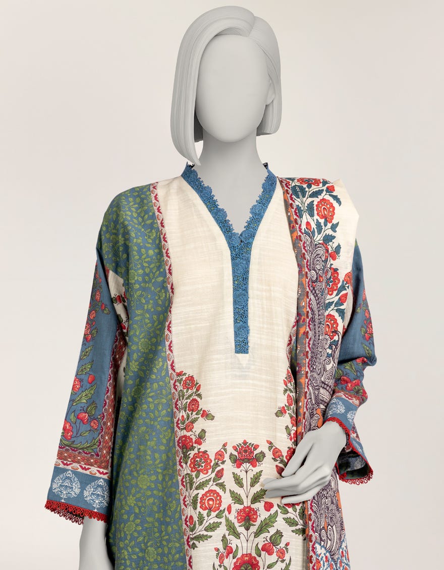 BLUE KHADDAR PRINTED 3PC STITCHED