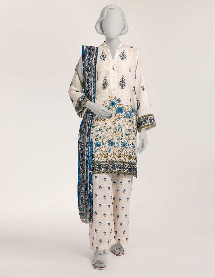 OFF WHITE KHADDAR PRINTED 3PC STITCHED