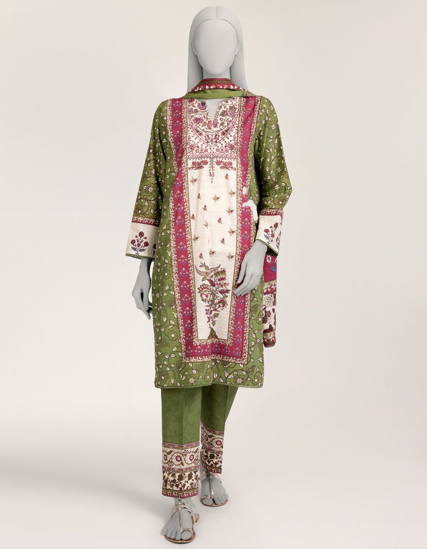 GREEN KHADDAR PRINTED 3PC STITCHED