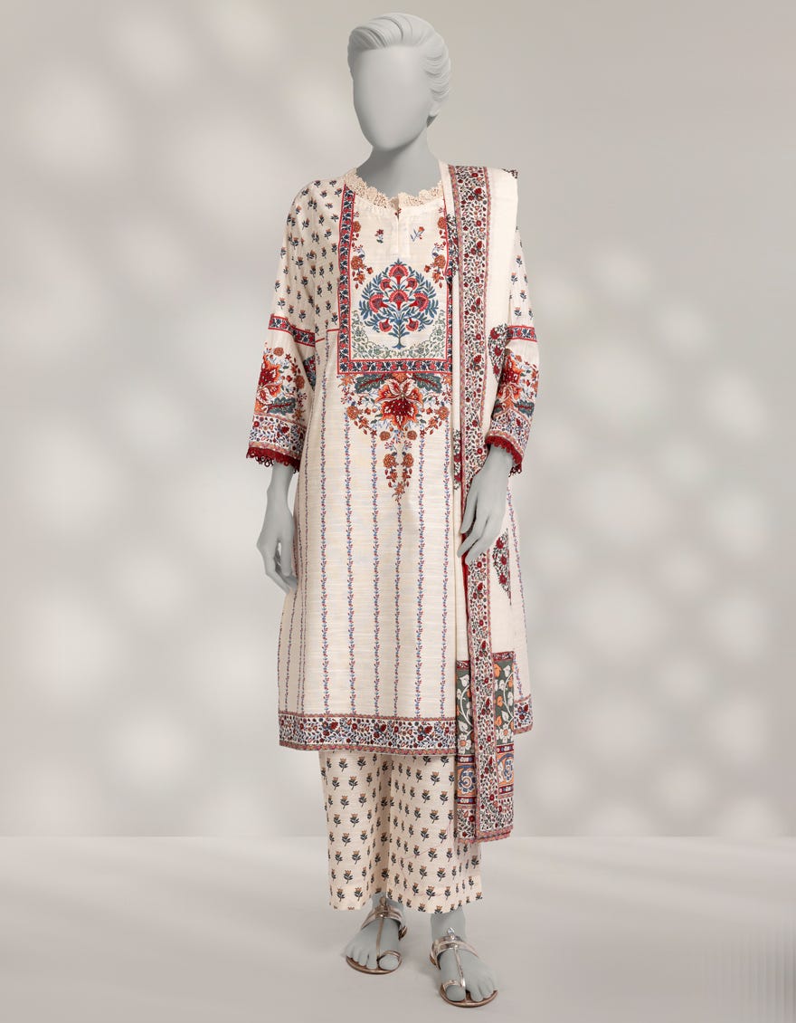 OFF WHITE KHADDAR PRINTED 3PC STITCHED