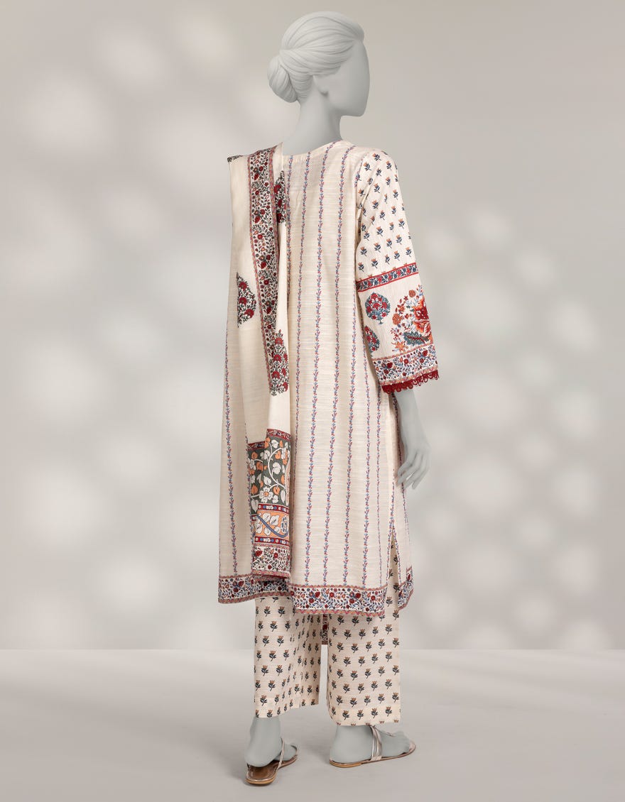 OFF WHITE KHADDAR PRINTED 3PC STITCHED