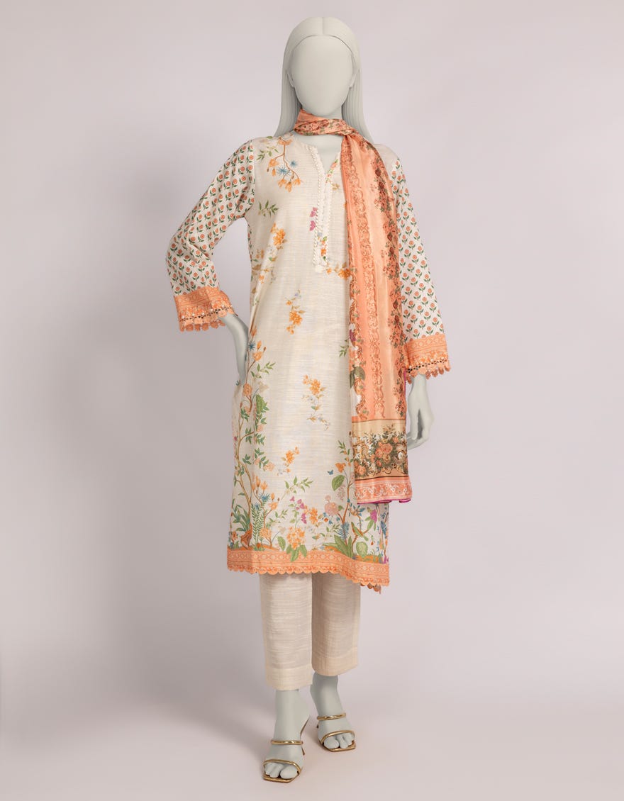 BEIGE KHADDAR DIGITAL PRINTED 3PC STITCHED