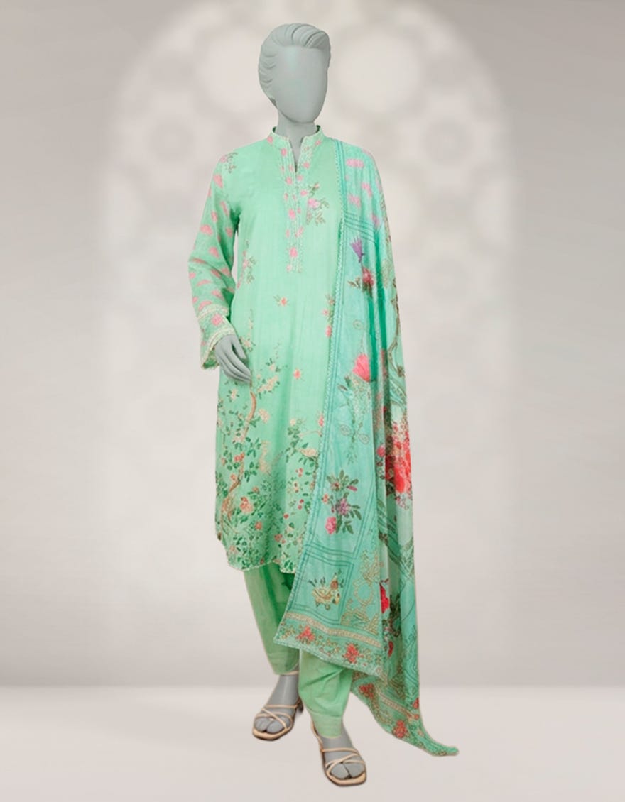 GREEN CAMBRIC DIGITAL PRINTED 3PC STITCHED