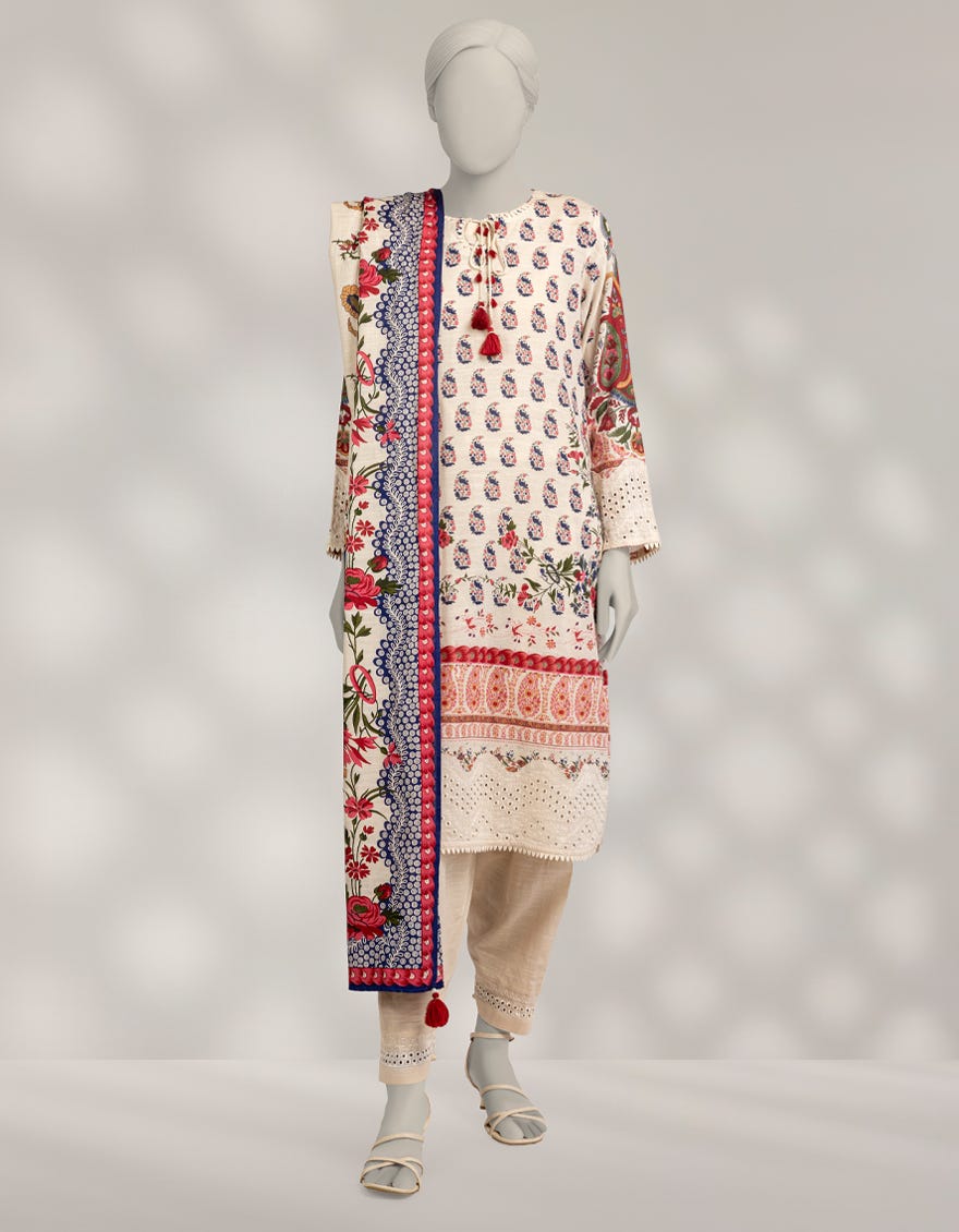 OFF WHITE KHADDAR PRINTED 3PC STITCHED
