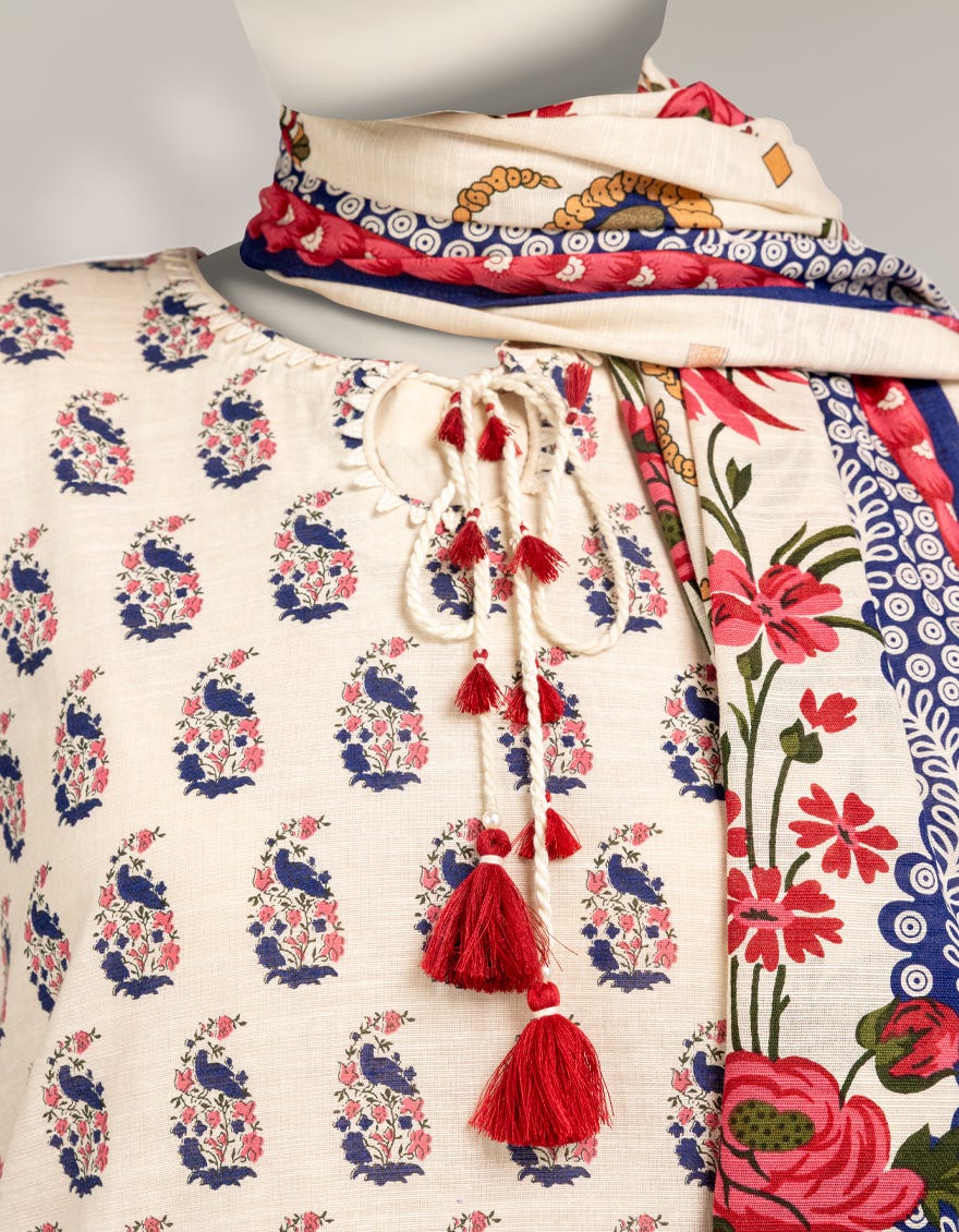 OFF WHITE KHADDAR PRINTED 3PC STITCHED