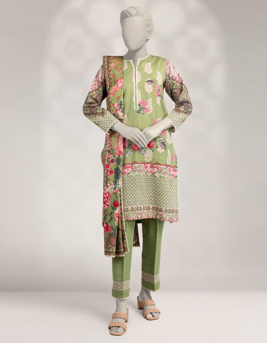 GREEN KHADDAR PRINTED 3PC STITCHED