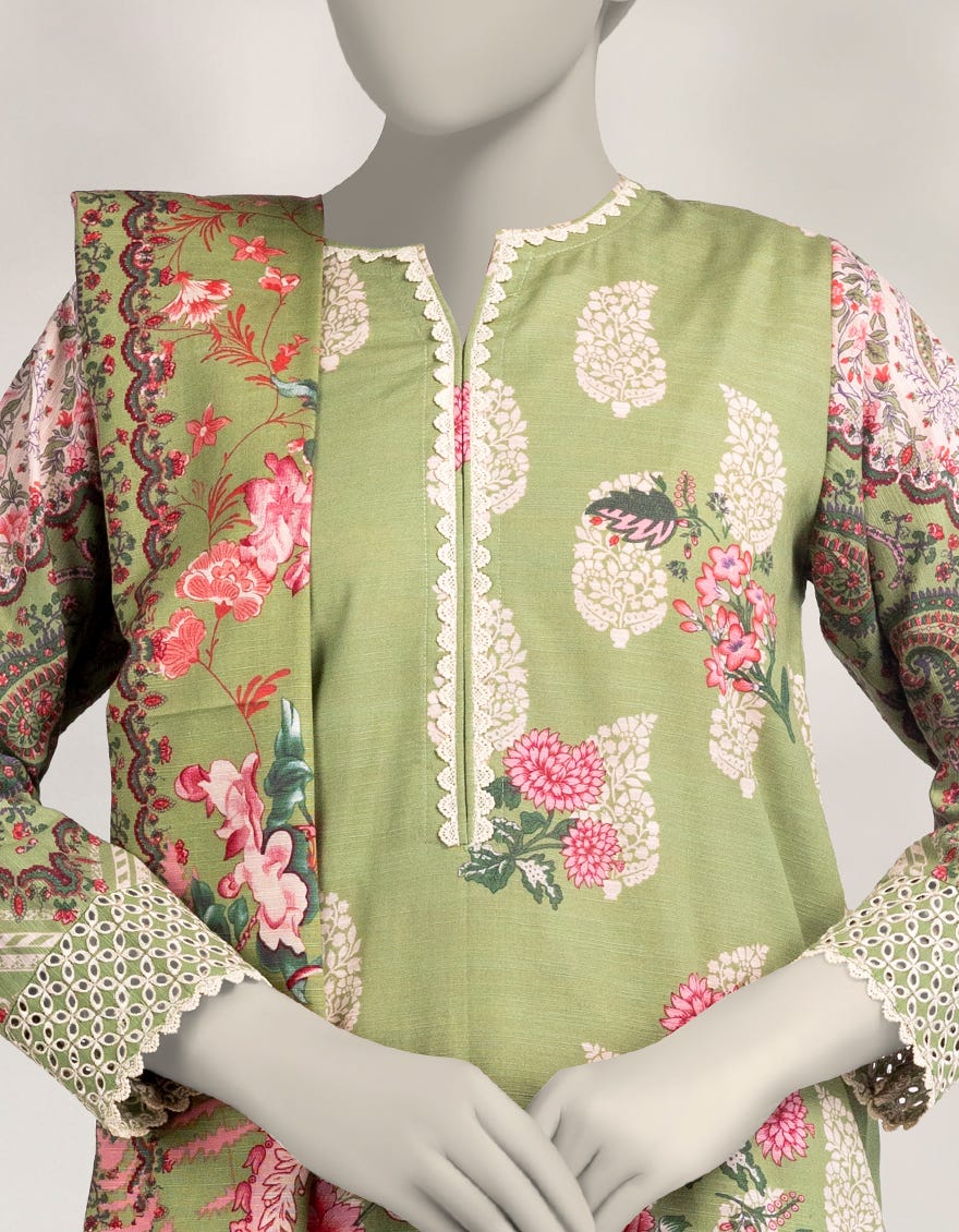GREEN KHADDAR PRINTED 3PC STITCHED