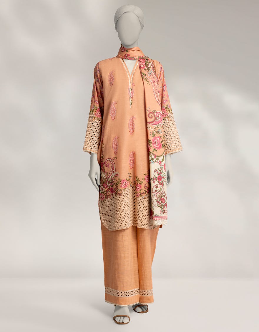 PEACH SCHIFFLI KHADDAR 3PC STITCHED