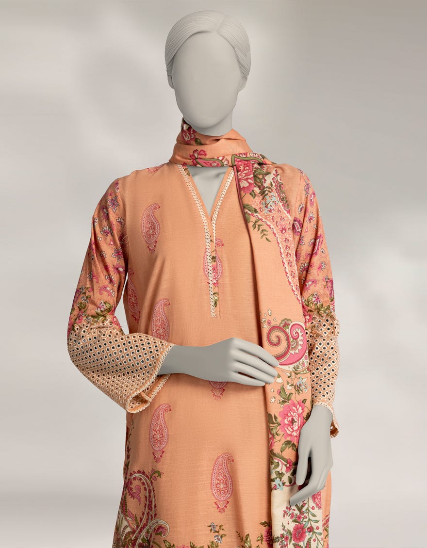 PEACH SCHIFFLI KHADDAR 3PC STITCHED