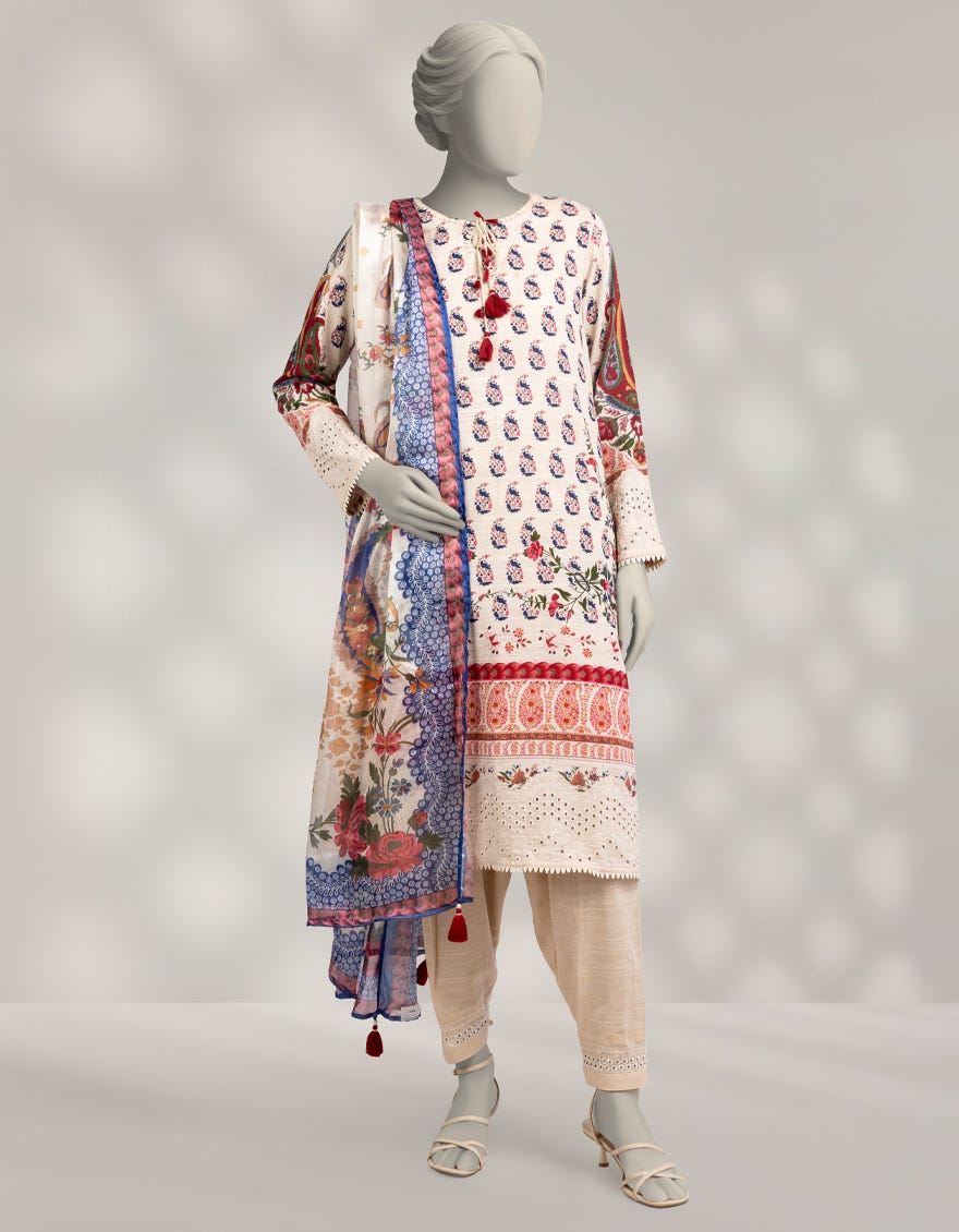 OFF WHITE SCHIFFLI LIGHT KHADDAR 3PC STITCHED
