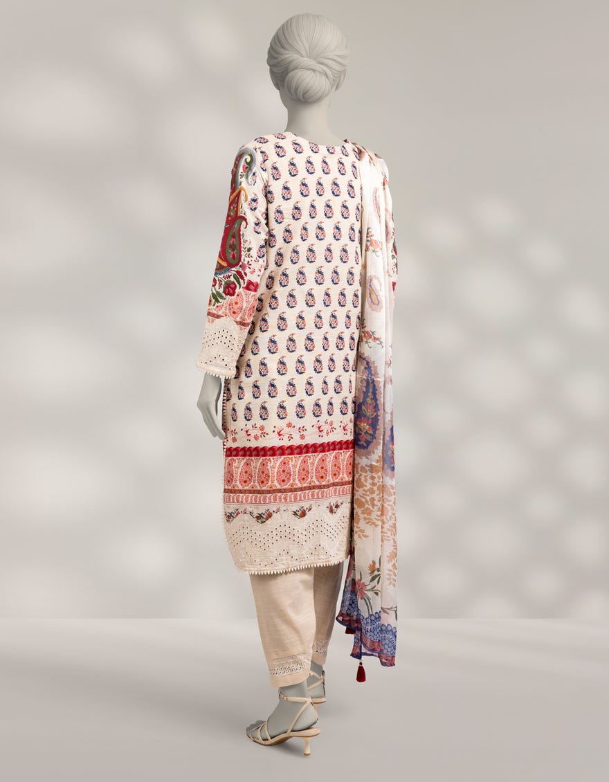 OFF WHITE SCHIFFLI LIGHT KHADDAR 3PC STITCHED