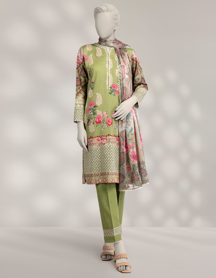 GREEN KHADDAR DIGITAL PRINTED 3PC STITCHED