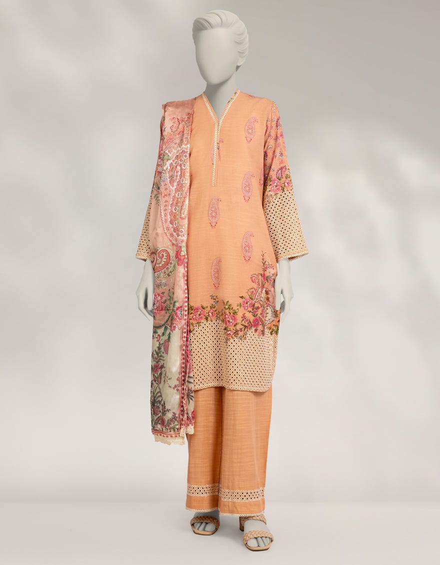PEACH KHADDAR DIGITAL PRINTED 3PC STITCHED