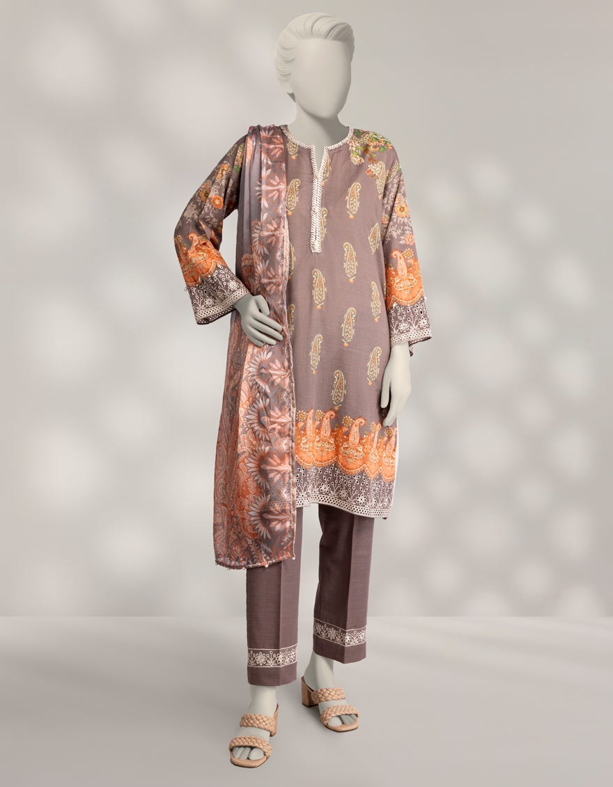 BROWN KHADDAR SCHIFFLI STITCHED 3PC