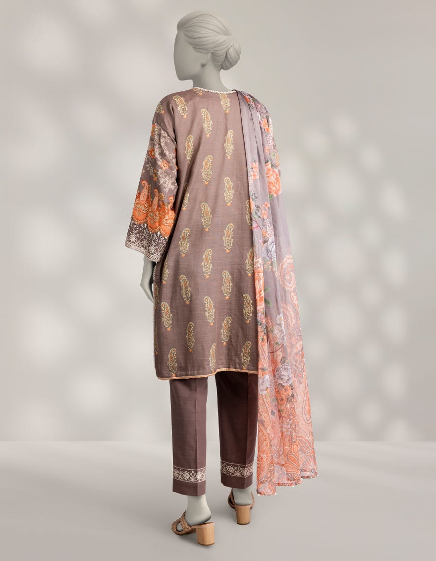 BROWN KHADDAR SCHIFFLI STITCHED 3PC