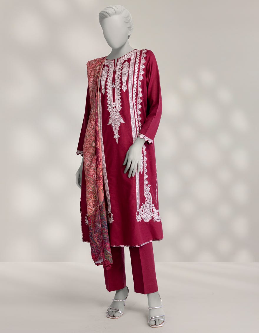 MAROON PASHMINA EMBROIDERED 3PC STITCHED