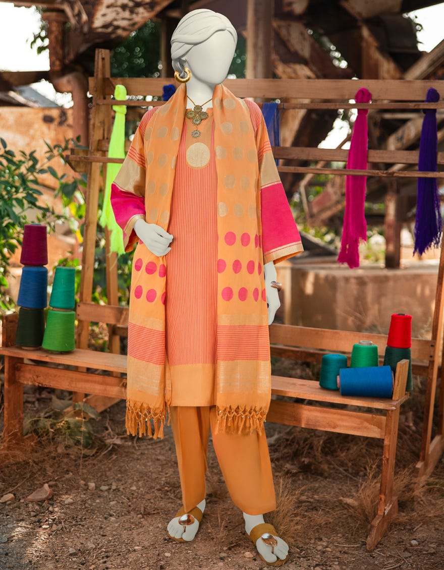 ORANGE JACQUARD DYED UNSTITCHED 3PC | JLAWN-S-25-3121